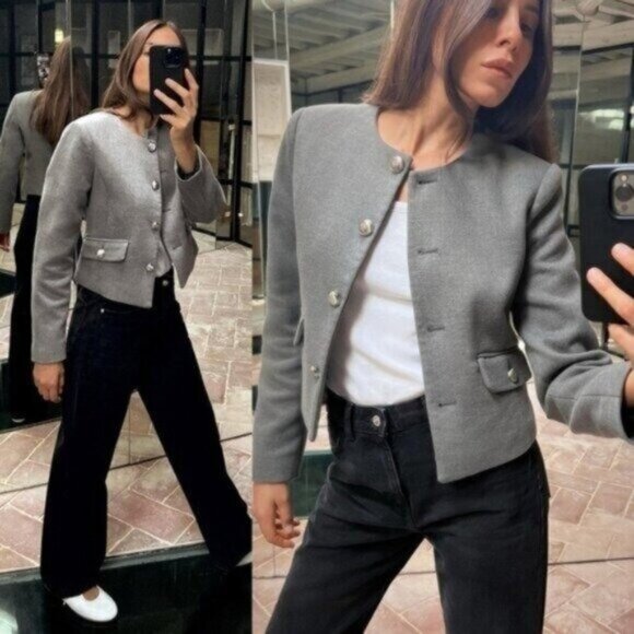 Zara Metal Button Gray Semi Cropped Blazer Size XS - Picture 1 of 12